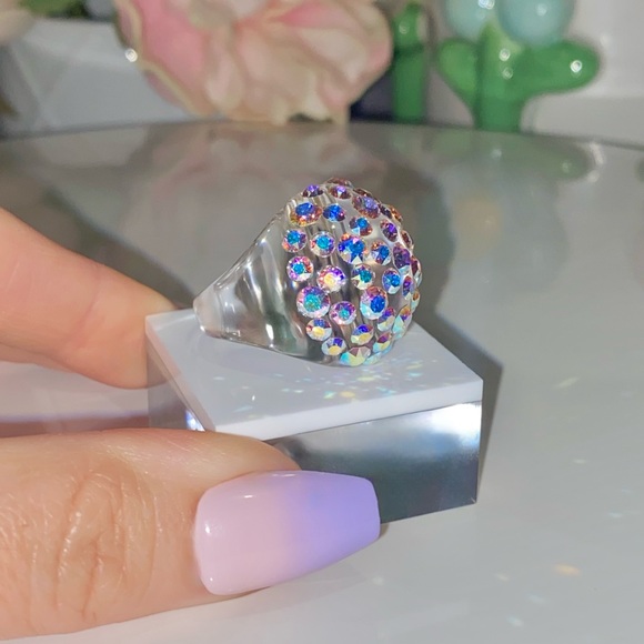Aurora Borealis Swarovski Crystal Ring, Clear Lucite Ring, AB Crystal Dome Ring - Picture 10 of 10